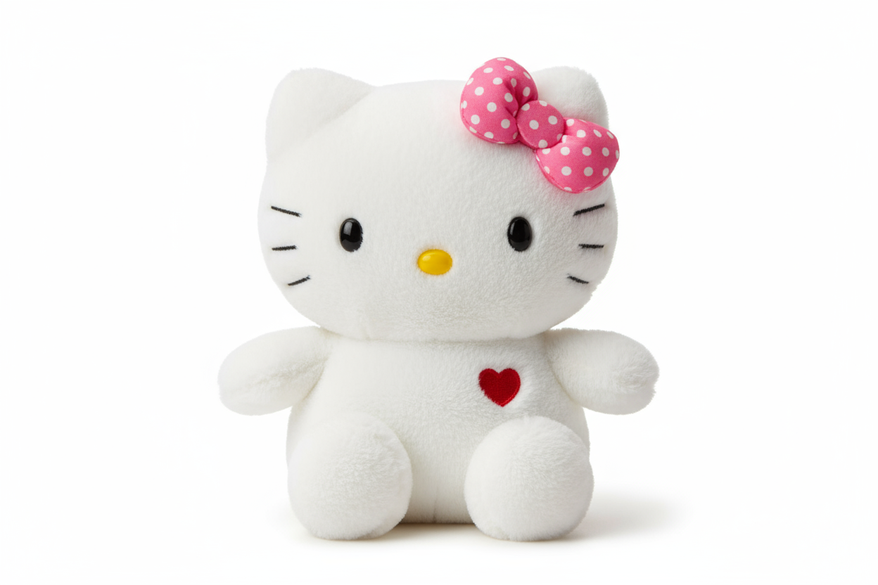 creame una imagen de un peluche de helloe kitty